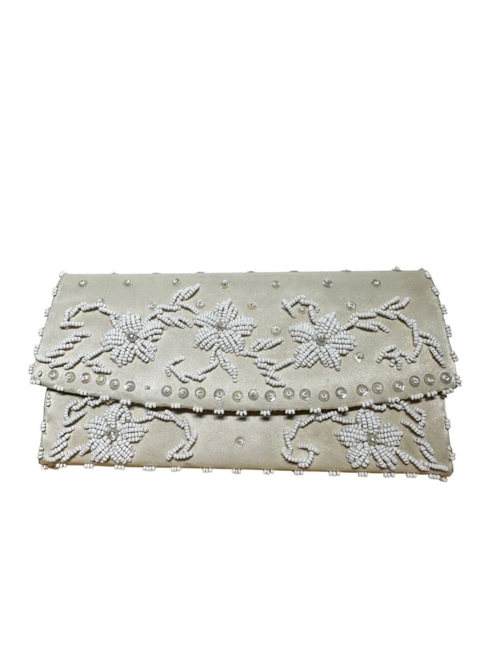 Vintage Jay Dee Clutch 80s Hand Made Beaded Embellished Flowers Zip Pocket Ivory